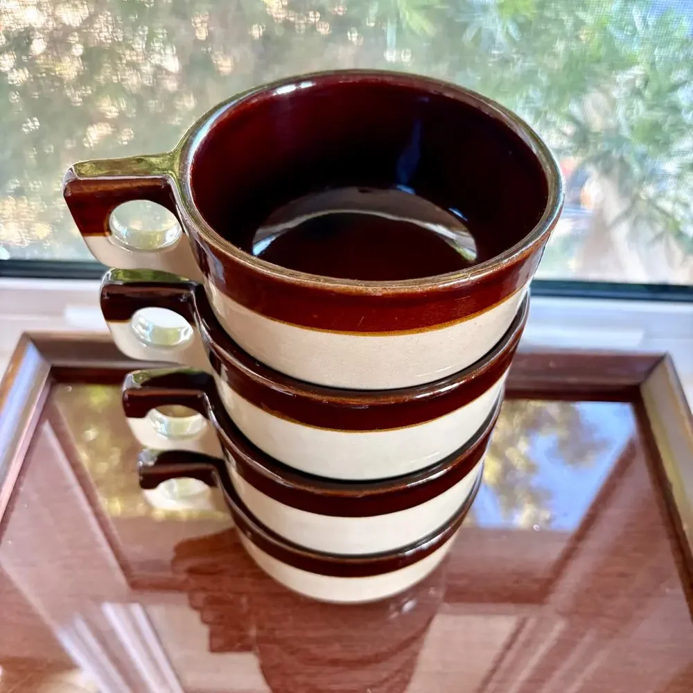 Vintage Western Stoneware Maple Leaf Brown Band Soup Mugs, Set of 4